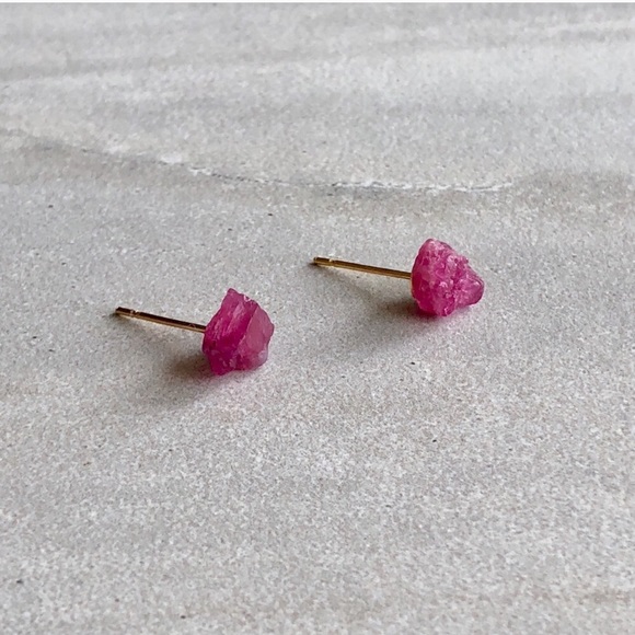 Raw Fuchsia Tourmaline Crystal Stud Earrings - Picture 7 of 10